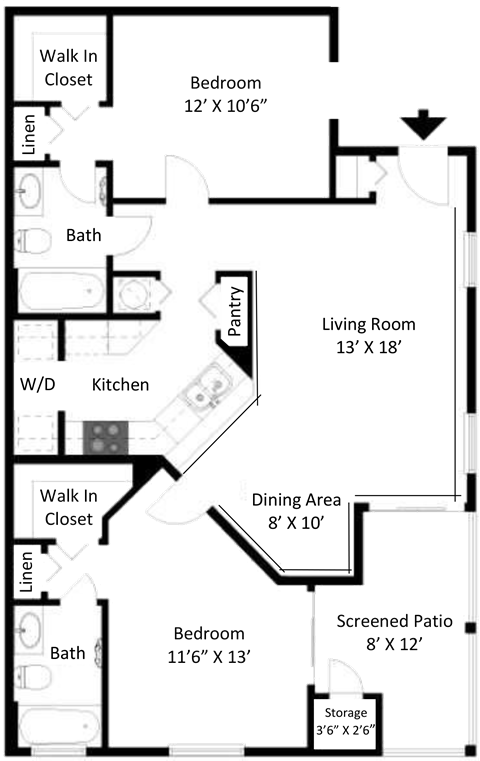 Floor plan for 2 beds, 2 baths, 1137 sqft